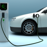 A white sedan charging at an EV charging station