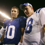 Quarterback Eli Manning #10 of the New York Giants (L) congratulates his brother quarterback Peyton Manning #18 of the Indianapolis Colts on his 26-21 victory on September 10, 2006 at Giants Stadium in East Rutherford, New Jersey. 