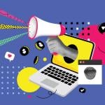 Illustration of a laptop with a hand holding a megaphone coming out of the screen and other concepts of influencer marketing and costs.