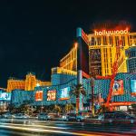 Planet Hollywood Casino at night as seen from the Las Vegas strip.