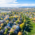 Aerial view of homes and trees.