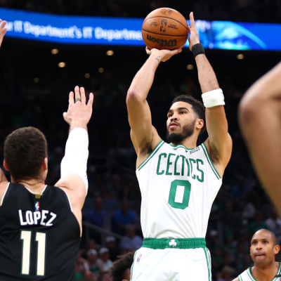 Jayson Tatum of the Boston Celtics shoots the ball in Game Seven of the 2022 NBA Playoffs Eastern Conference Semifinals.