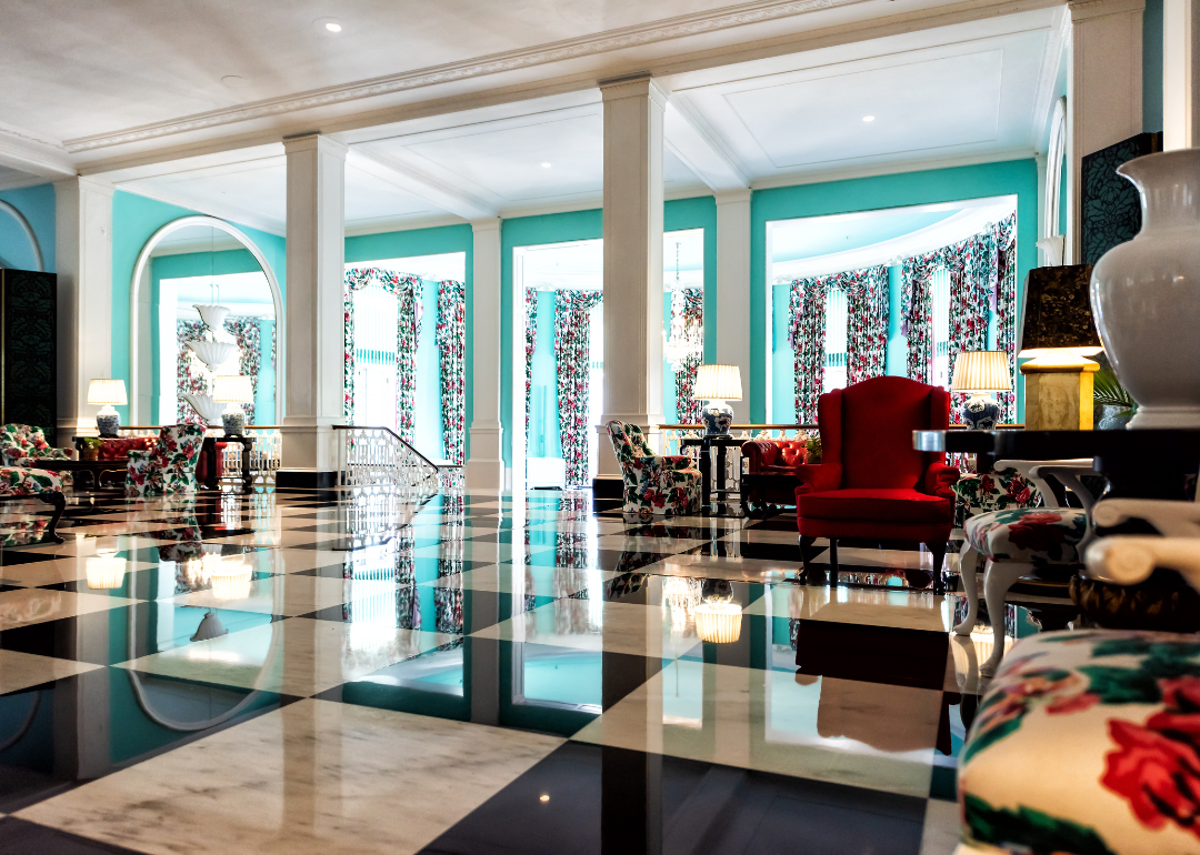 The lobby of a luxurious hotel in White Sulphur Springs.