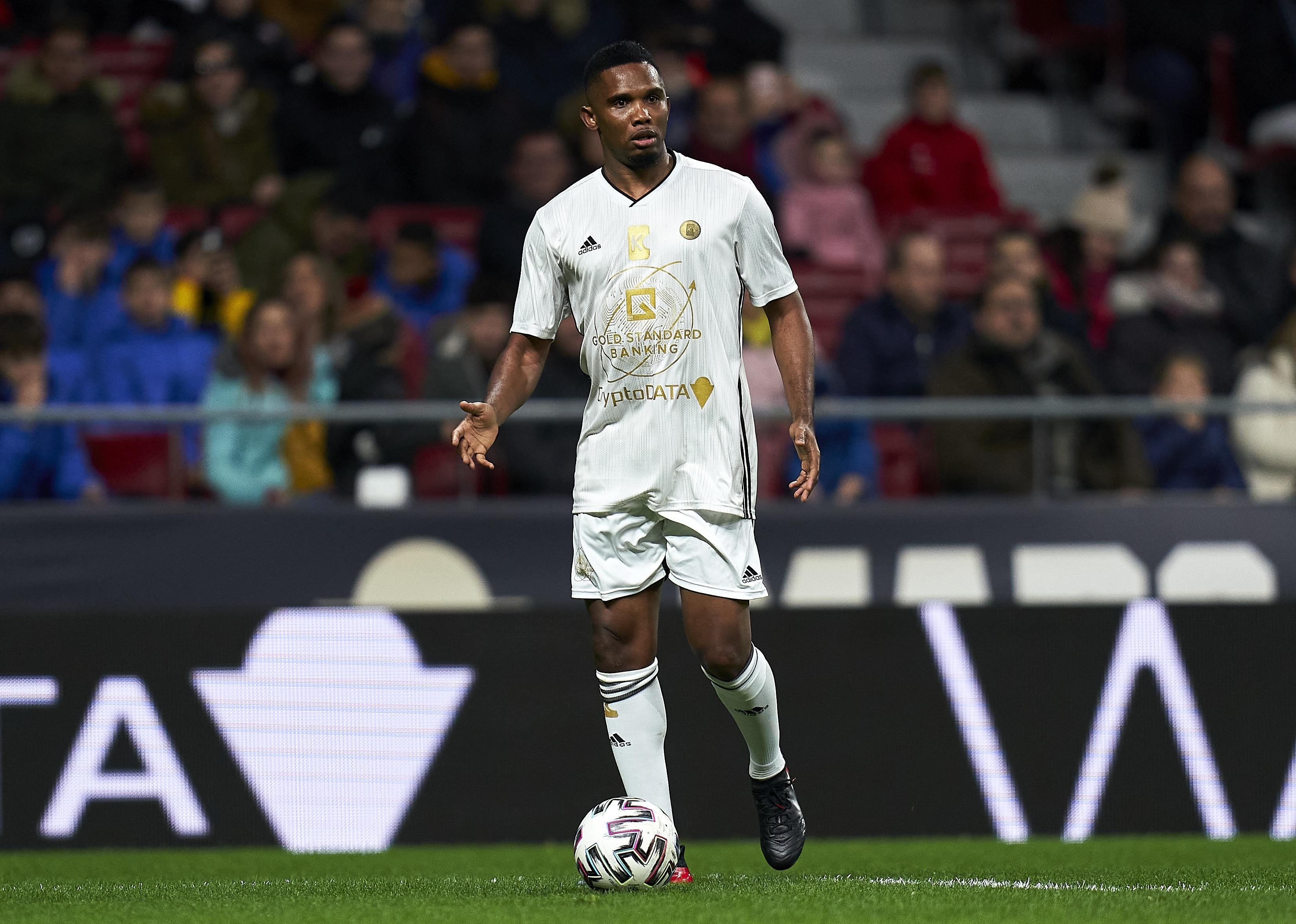 Samuel Etoo looks on during a friendly match